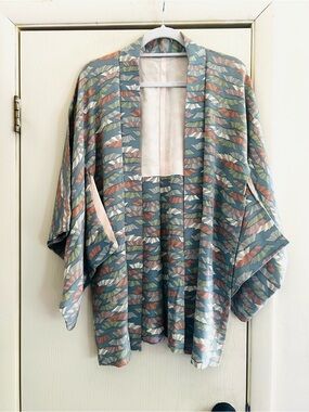 VTG 70s Silk Hand painted Festival 20s Art Deco Kimono Bohemian Duster M